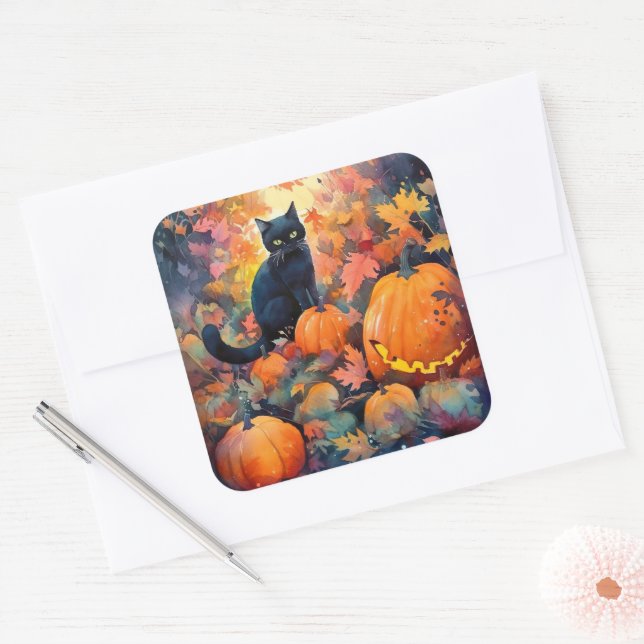 Halloween Black Cat With Pumpkins Scary Square Sticker (Envelope)