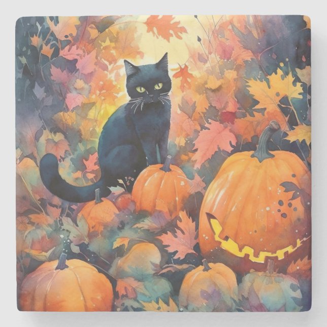 Halloween Black Cat With Pumpkins Scary Stone Coaster (Front)