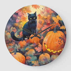 Halloween Black Cat With Pumpkins Scary Wall Clock