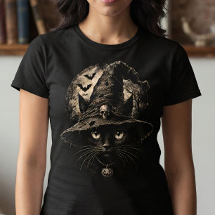 Halloween Black Cat with Witch Hat,Bats Full Moon T-Shirt