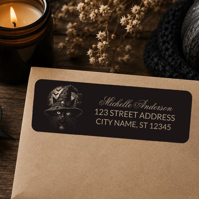 Halloween Black Cat with Witch Hat  Return Address Label (Creator Uploaded)