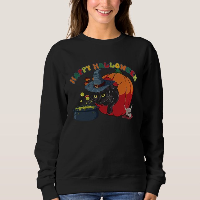 Halloween Black Cat with Witch Hat Sweatshirt (Front)