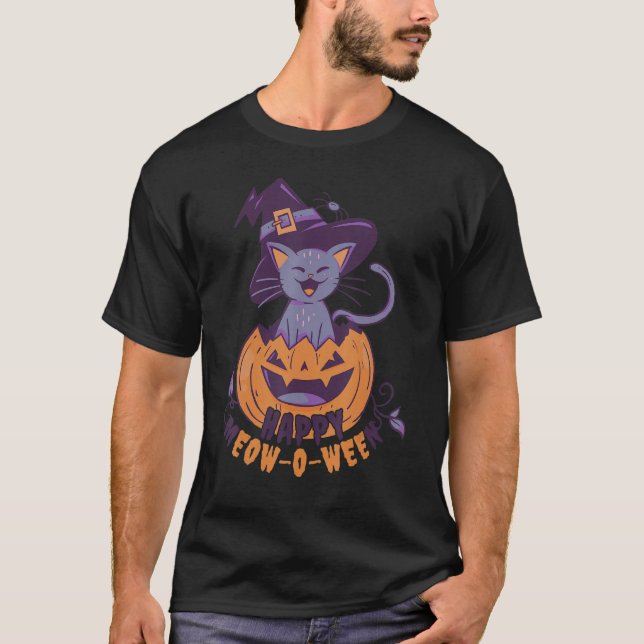 Halloween Black Cat With Witches Pumpkin Hat For K T-Shirt (Front)