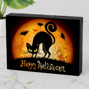 Halloween Black Cats and Bats Wooden Box Sign