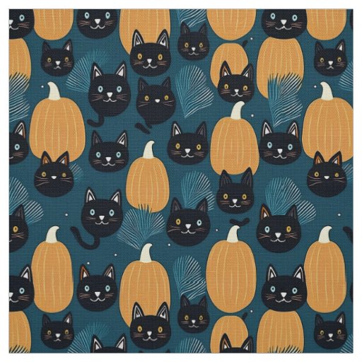Halloween black cats and pumpkins fabric