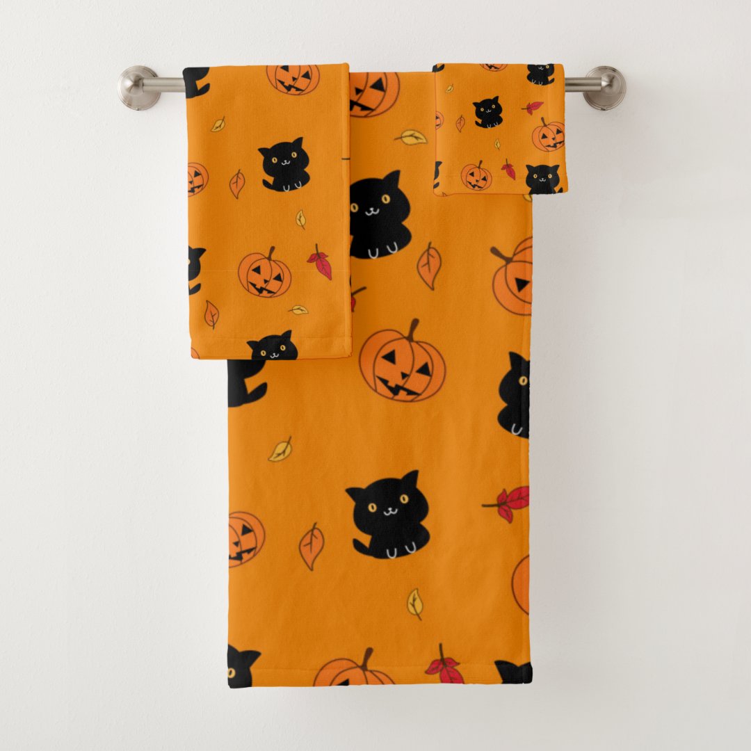 Halloween Black Cats And Pumpkins Pattern Bath Towel Set Zazzle