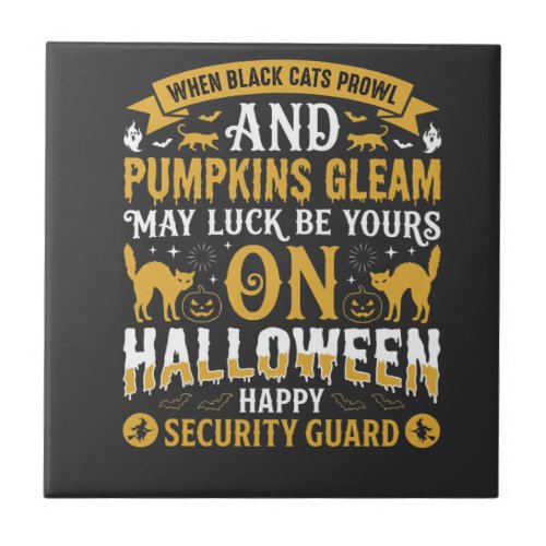 Halloween Black Cats and Pumpkins Security Guard D Ceramic Tile