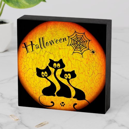 Halloween Black Cats and Spider Web Wooden Box Sign