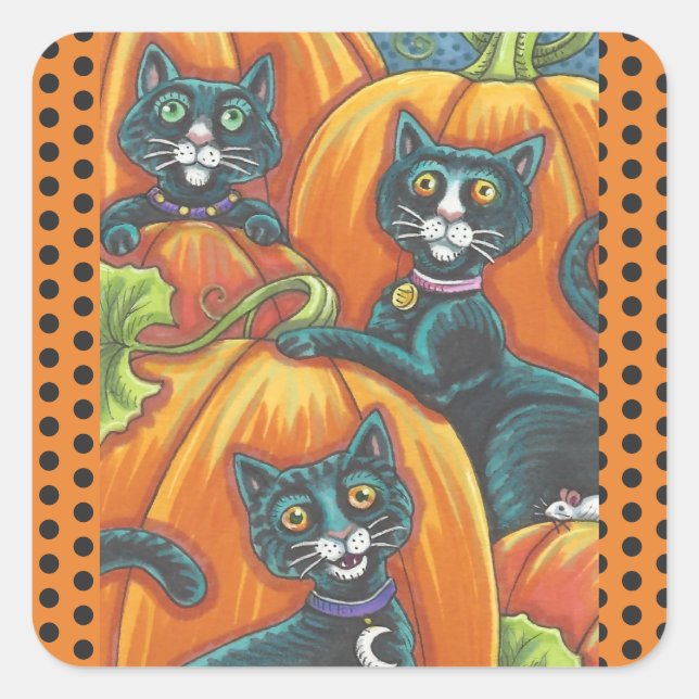 HALLOWEEN BLACK CATS & MOUSE STICKERS SHEET Square (Front)