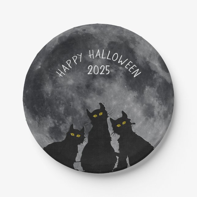 Halloween black cats on full moon paper plates (Front)