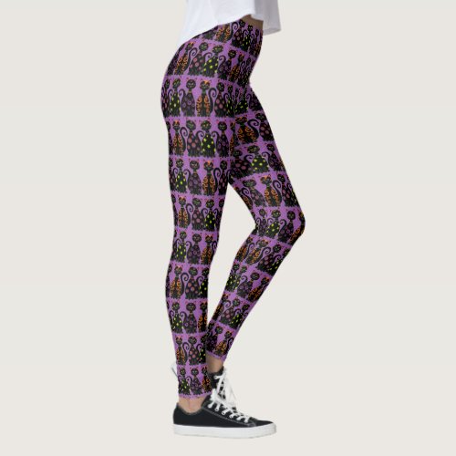 Halloween Black Cats on Purple Leggings