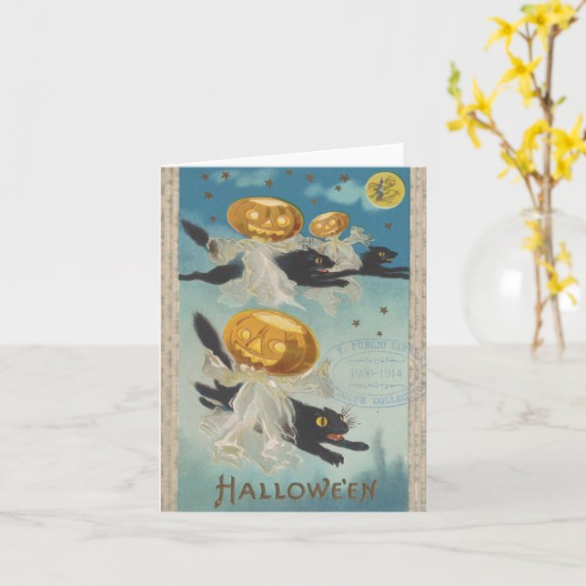 Halloween Black Cats & Pumpkin Ghosts Vintage Card (Yellow Flower)