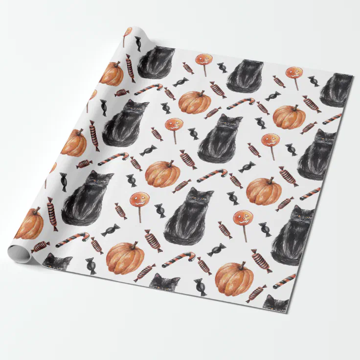 Halloween Black Cats, Pumpkins and Treats Wrapping Paper | Zazzle