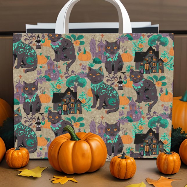 Halloween Black Cats Pumpkins Haunted House Rustic Wallpaper (Whimsical black cat self peel-n-stick wallpaper for Halloween crafts and DIY decor)