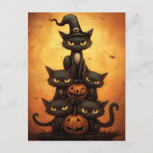 Halloween Black Cats Sitting on Pumpkins Postcard