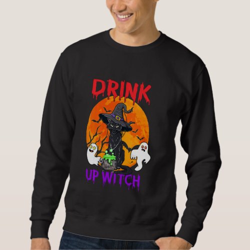 Halloween Black Cats Wear Witches Hat Drink Up Wit Sweatshirt