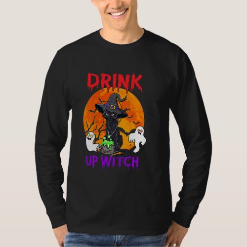Halloween Black Cats Wear Witches Hat Drink Up Wit T_Shirt