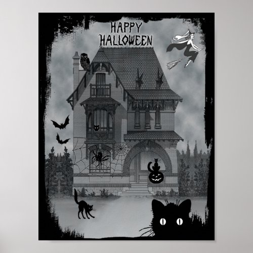 Halloween Black Cats Witches and Bats Poster