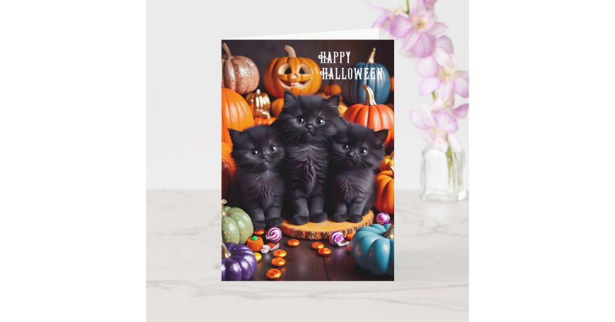 Halloween Black Cats with Pumpkins and Candy Card | Zazzle