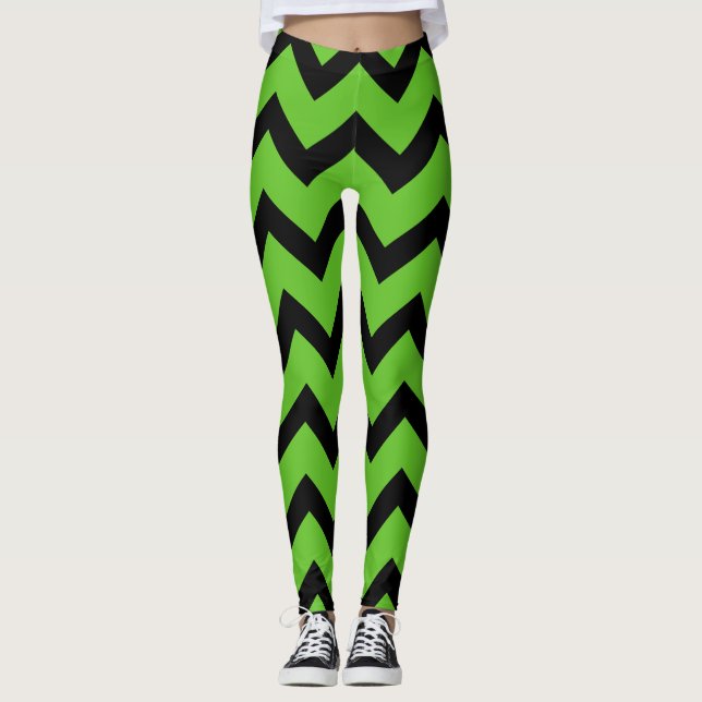 Halloween Black chevron stripes lines on green  Leggings (Front)