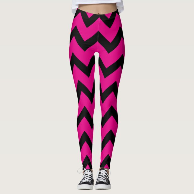 Halloween Black chevron stripes lines on hot pink Leggings (Front)