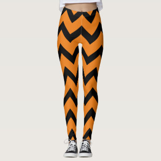 Halloween Black chevron stripes lines on orange Leggings