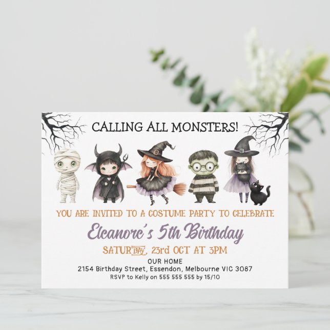 Halloween Black Costume Party Monsters Birthday Invitation (Standing Front)