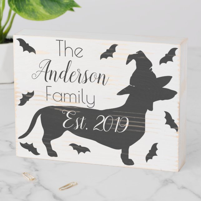 Halloween Black Dachshund Silhouette Witch Hat Wooden Box Sign (In Situ Horizontal)