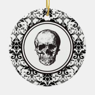 HALLOWEEN Black Damask Pattern Skull Personalized Ceramic Ornament