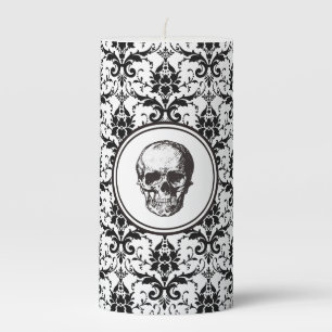 HALLOWEEN Black Damask Pattern Skull Pillar Candle