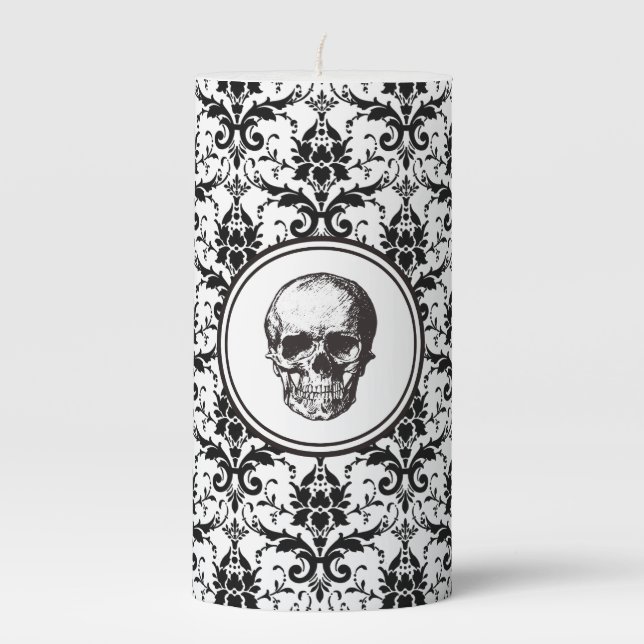 HALLOWEEN Black Damask Pattern Skull Pillar Candle (Front)