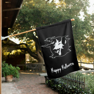 Halloween black flying witch full moon custom text house flag