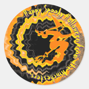 Halloween black flying witch magic spell text classic round sticker