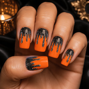 Halloween Black Glitter Drips on Orange Minx Nail Art