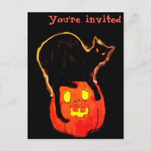 Halloween Black Glowing Cat Atop Glowing Pumpkin Postcard