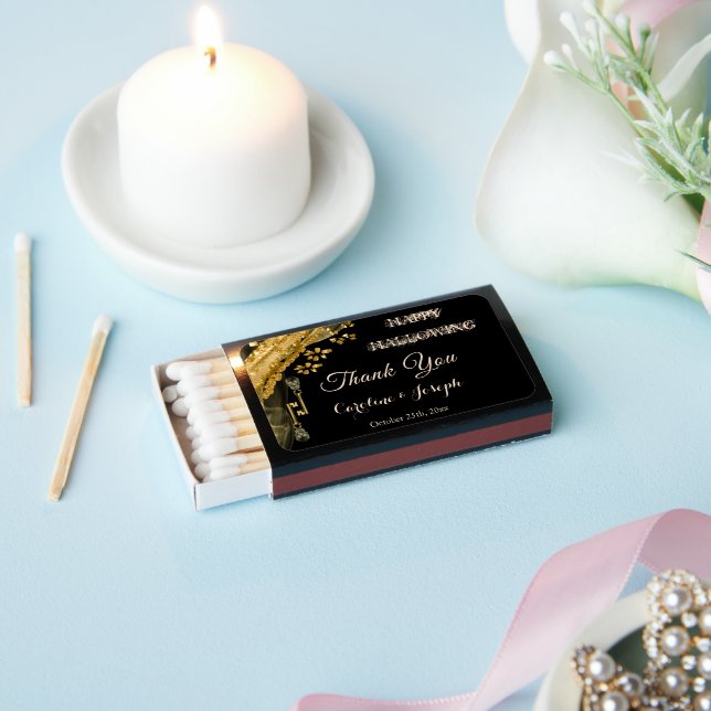 Halloween Black & Gold Skulls Thank You Matchboxes (Insitu)