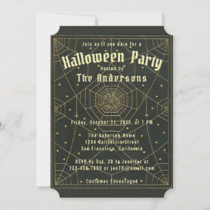 Halloween Black Gold Spiderwebs & Stars Vintage Invitation