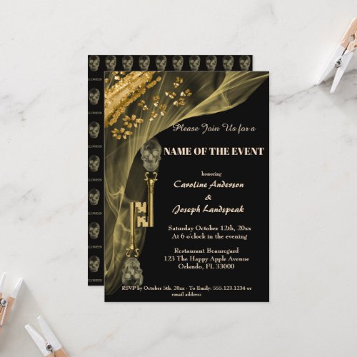 Halloween Black  Gold Spooky Skulls Custom Invita Invitation