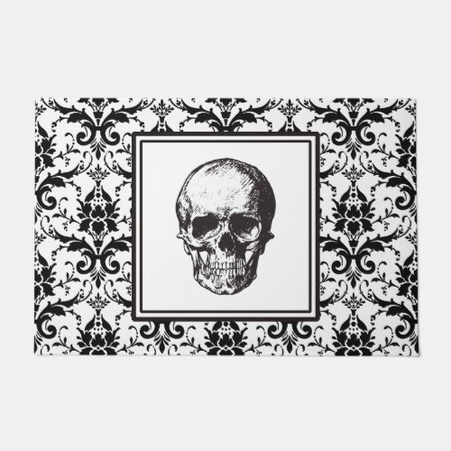 HALLOWEEN Black Gothic Damask Pattern Skull Doormat