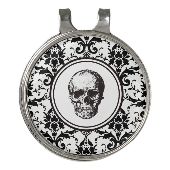 HALLOWEEN Black Gothic Damask Pattern Skull Golf Hat Clip (Front)