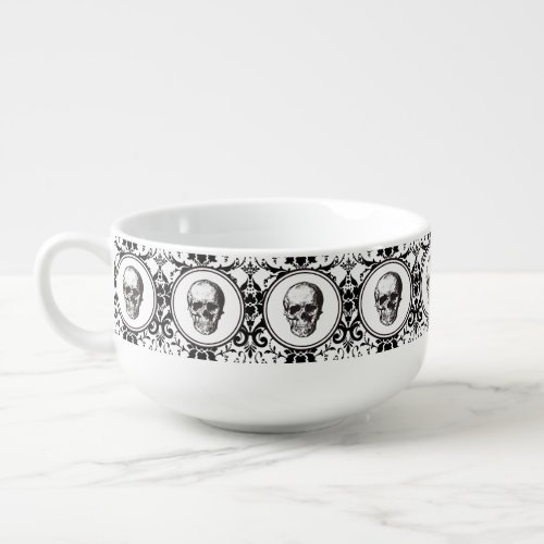 HALLOWEEN Black Gothic Damask Pattern Skull Soup Mug