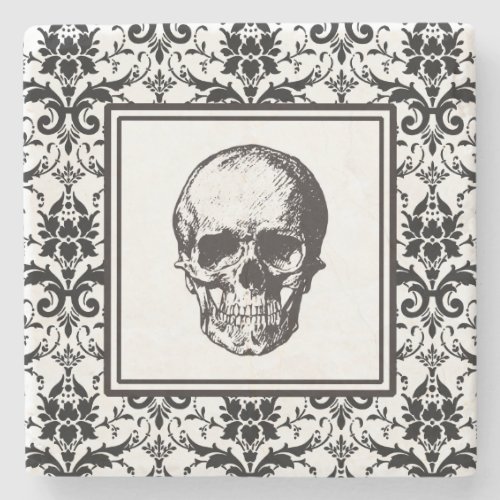 HALLOWEEN Black Gothic Damask Pattern Skull Stone Coaster