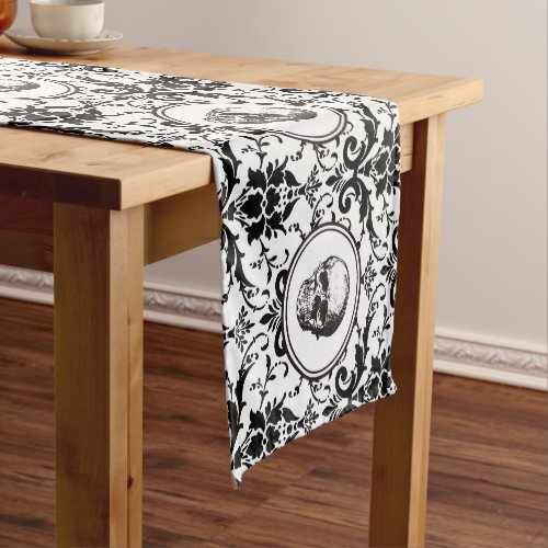 HALLOWEEN Black Gothic Style Damask Pattern Skull Short Table Runner