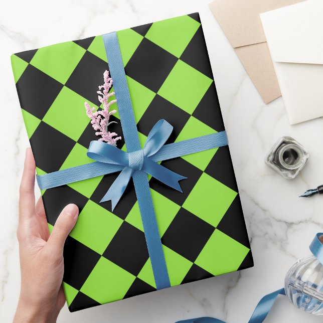 Halloween Black Green Checker Birthday Custom Text Wrapping Paper (Halloween Black Green Checker Birthday Custom Text Wrapping Paper)