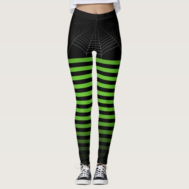 Halloween Black green spider web stripes ombre Leggings (Front)
