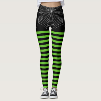 Halloween Black Green White spider web stripes Leggings