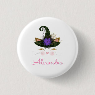 Halloween Black Hat Kitten Witch Button