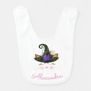 Halloween Black Hat Monogram Kitten Witch Baby Bib