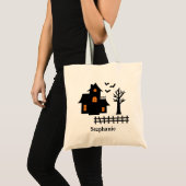 Halloween Black Haunted House Silhouette And Name Tote Bag (Front (Product))