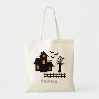 Halloween Black Haunted House Silhouette And Name Tote Bag